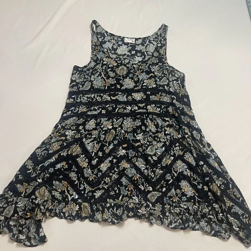 Intimately Free People Black Paisley Lace Trapeze Ruffle Swing Tank Top Size Sma